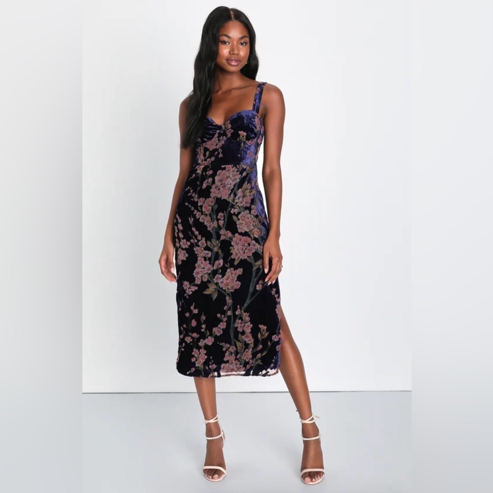 Lulus Romantic Stunner Navy Blue Floral Burnout Velvet Lace-Up Dress